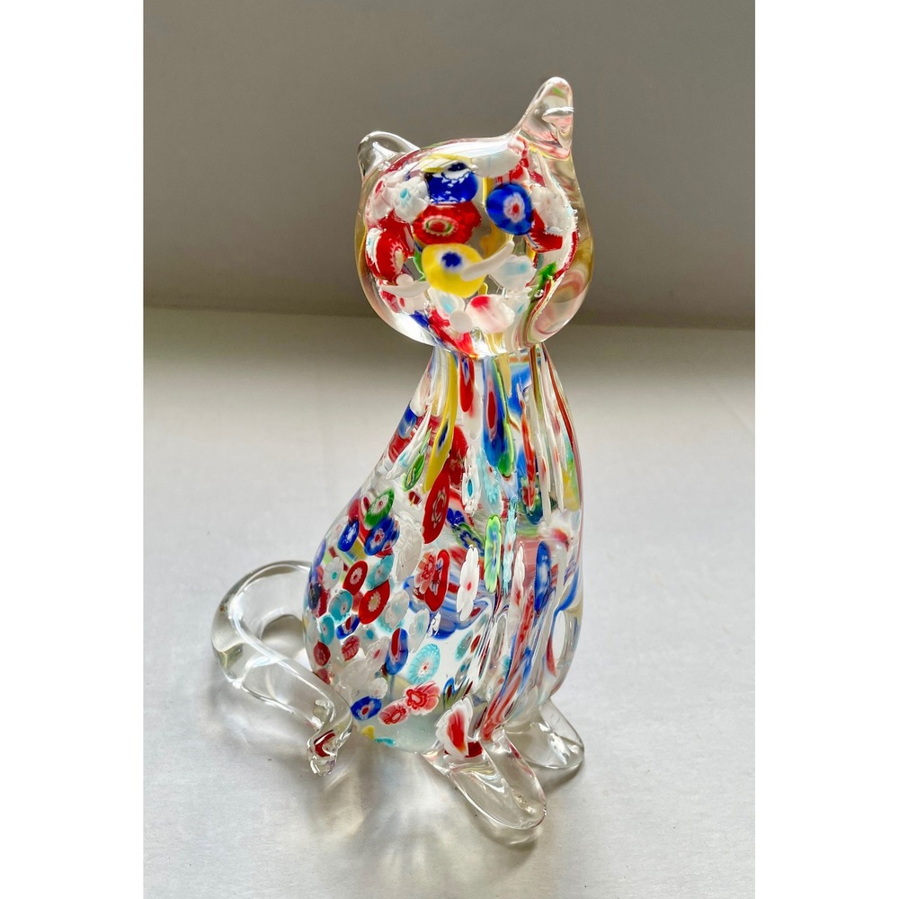 Vintage Murano Glass Handmade Millefiori Cat Multicolor Glass Figurine - Picture 7 of 7